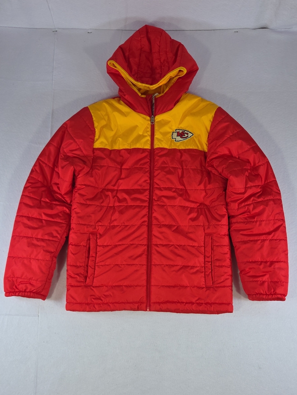 NFL Kansas City Chiefs Red and Yellow Youth Puffer Jacket with Hood Size XL